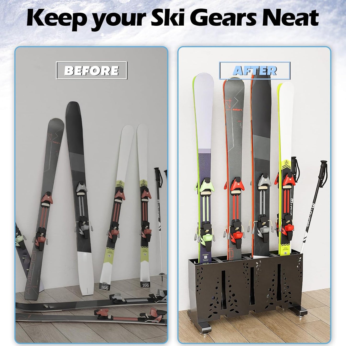 Heavy Duty Metal Ski Storage Rack, 12 Pair Freestanding Steel Ski Holder, Floor Stand Ski Organizer Rack, Snowboard Floor Stand Organizer for Garage and Home