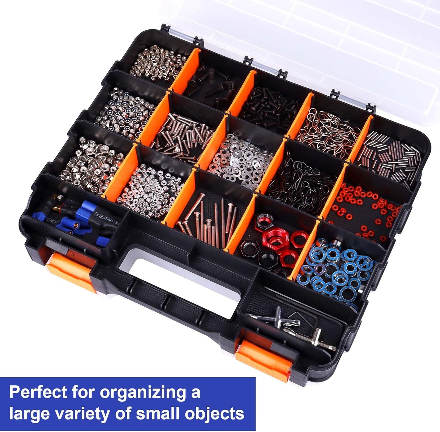 Small Parts Organizer Double Sided Parts Organizer with Removable Dividers 34-Compartments Storage Bins for Hardware, Screws, Nuts, Bolts, Washers, Nails, Fasteners, Tools