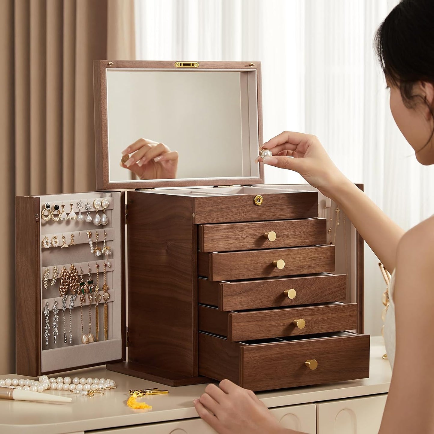CHOSIN Black Walnut Wooden Jewelry Box, 6-Layer Lockable Wood Jewelry Organizer with Mirror, Side Doors & Brass Handle, Classical Design for Rings, Necklaces, Earrings, Watches, Christmas Gift Idea