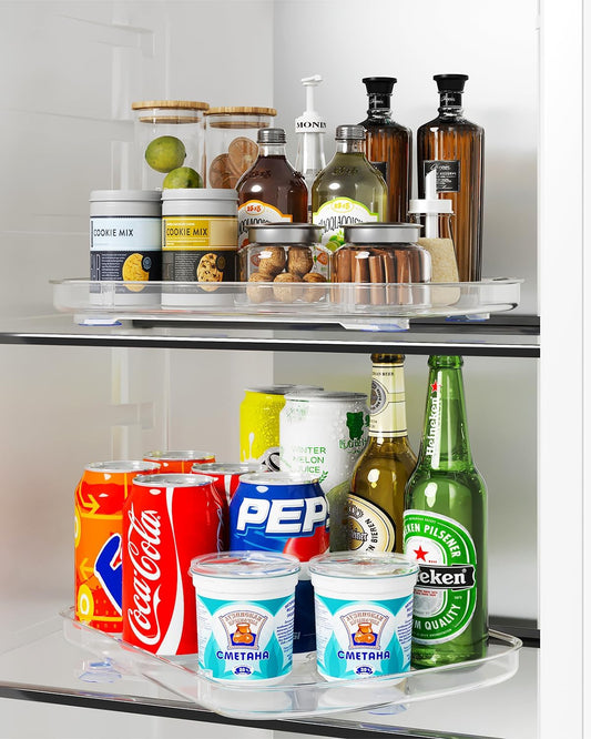 HIYOHIYO Clear Lazy Susan for Refrigerator Rectangular Fridge Turntable Organizers and Storage Pull Out & 360° Rotating for Cabinet Pantry Kitchen Table Bathroom (2-Pack 13.7"x10.2")