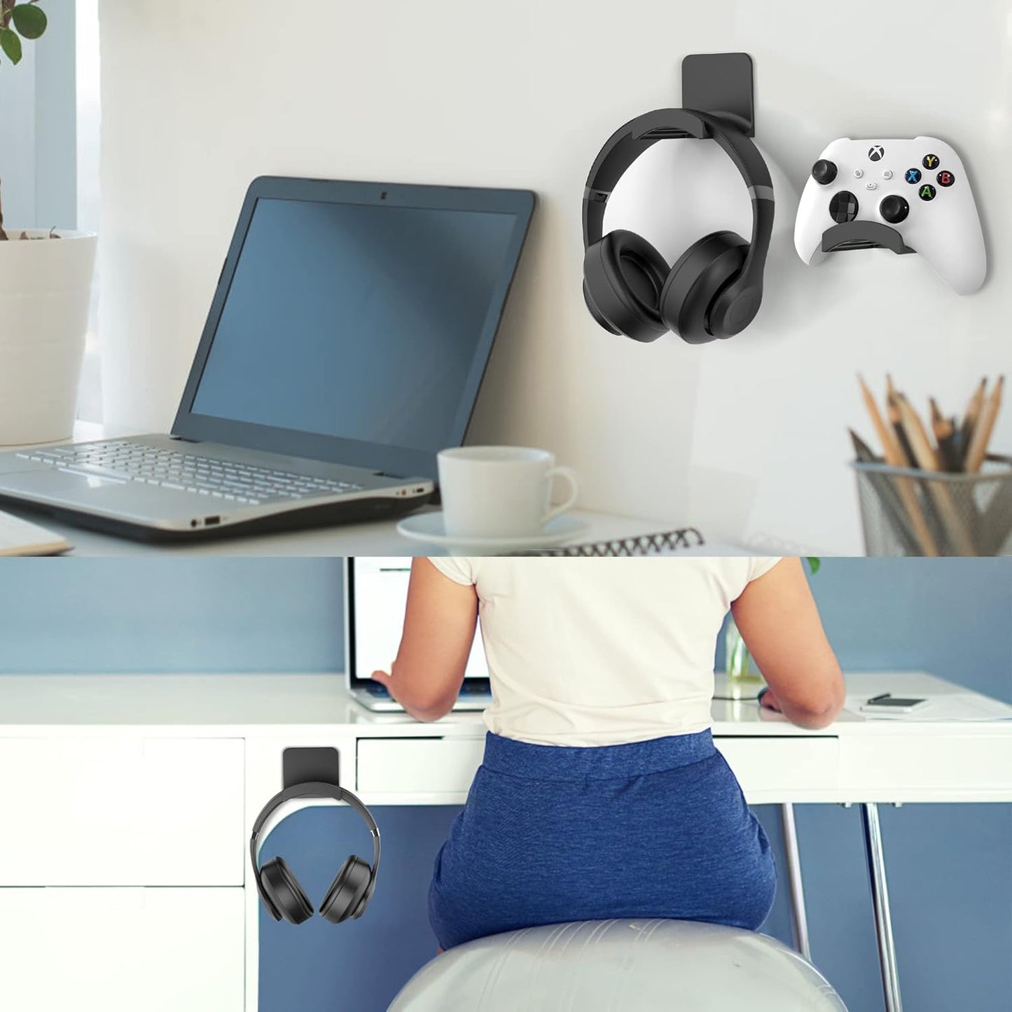 HomeMount Headphone Stand - Adhesive Gaming Headset Hanger Hook Desk Mount for Most Headphones & Controllers (Black 2Pack)