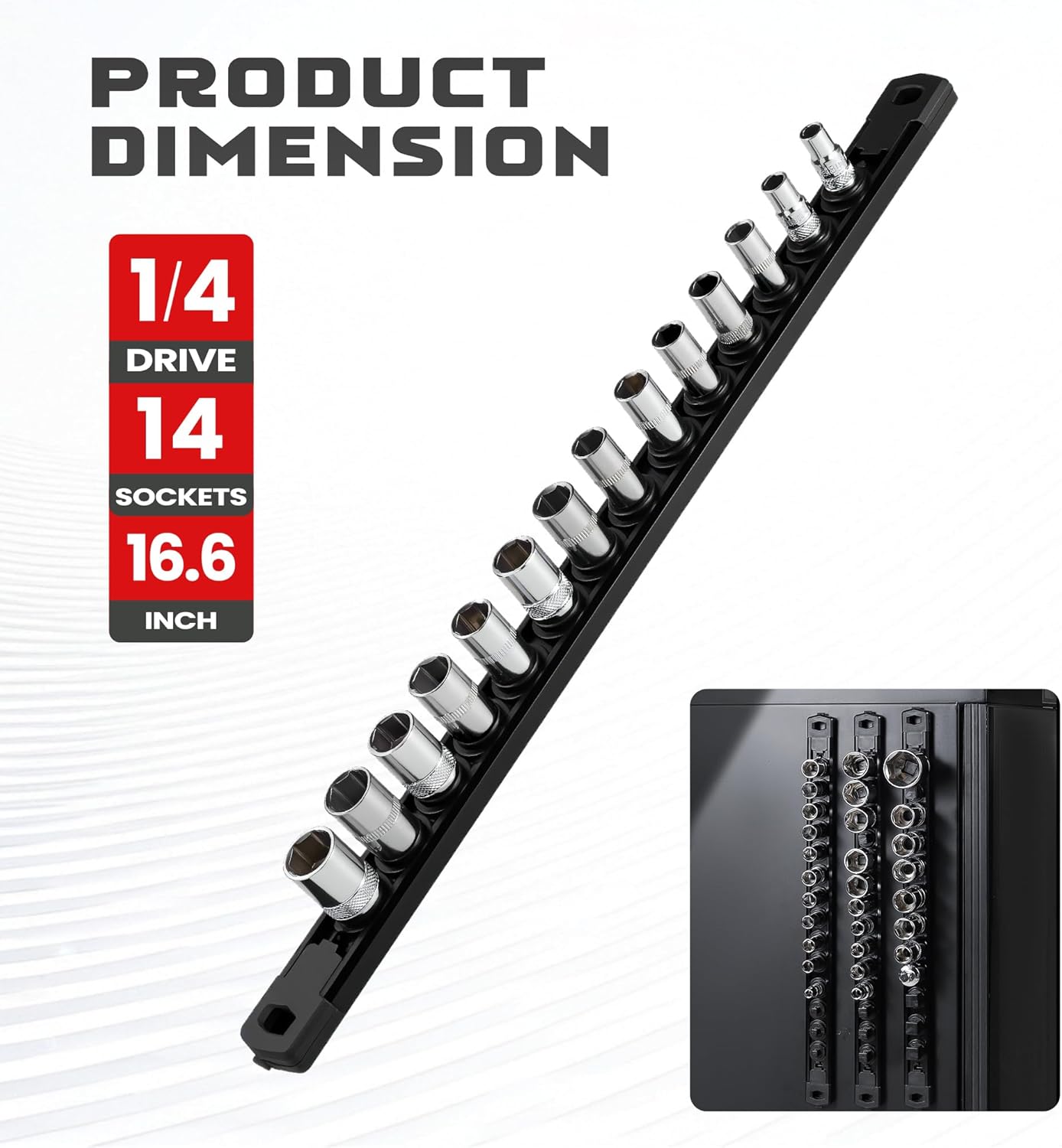 ALOANES 1/4-Inch Drive Magnetic Socket Organizer, Heavy Duty Aluminum Socket Rail Organizer, 360° Swivel Clips Socket Holder Kit for Tool Box, 1/4-Inch Socket Holder x 14 Clips (Black)