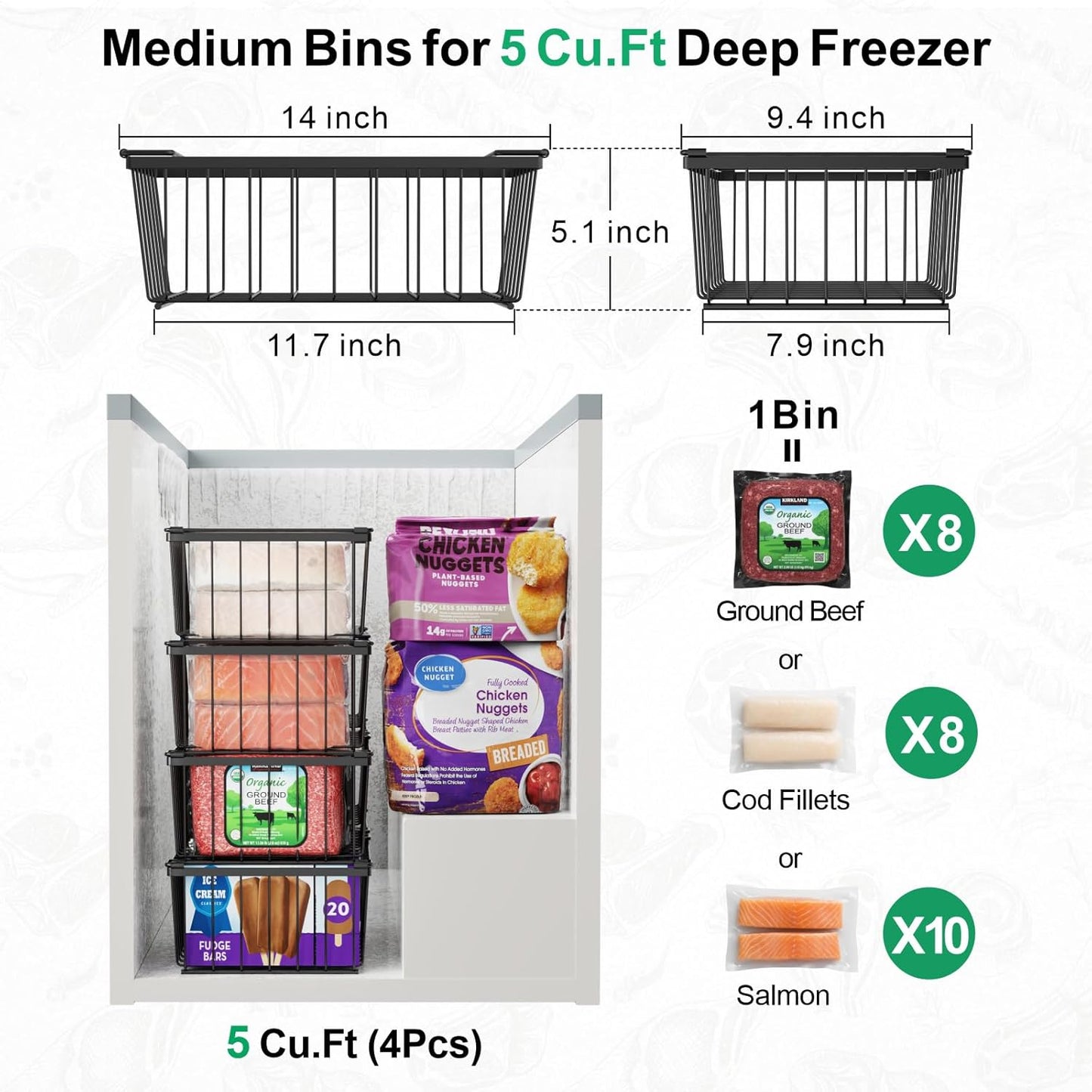 iSPECLE Freezer Organizer Bins - 4 Pack Stackable Deep Freezer Organizer Bins for 5 Cu.Ft Chest Freezer Easy Get Food from Bottom without Digging, Add Space Sort Store More Frozen Food, Black