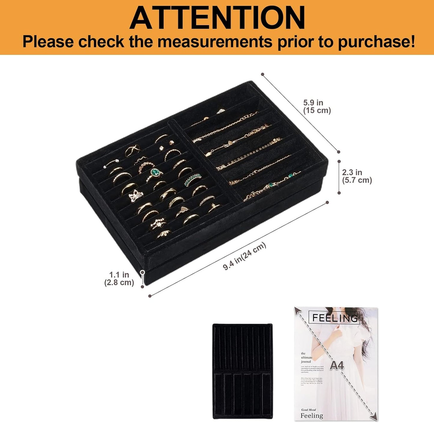 ProCase Stackable Jewelry Organizer Trays for Drawers, Jewelry Drawer Inserts Container Display Case Storage for Earring Necklace Rings Bracelet with Removable Dividers -Allblack, 2 Layers