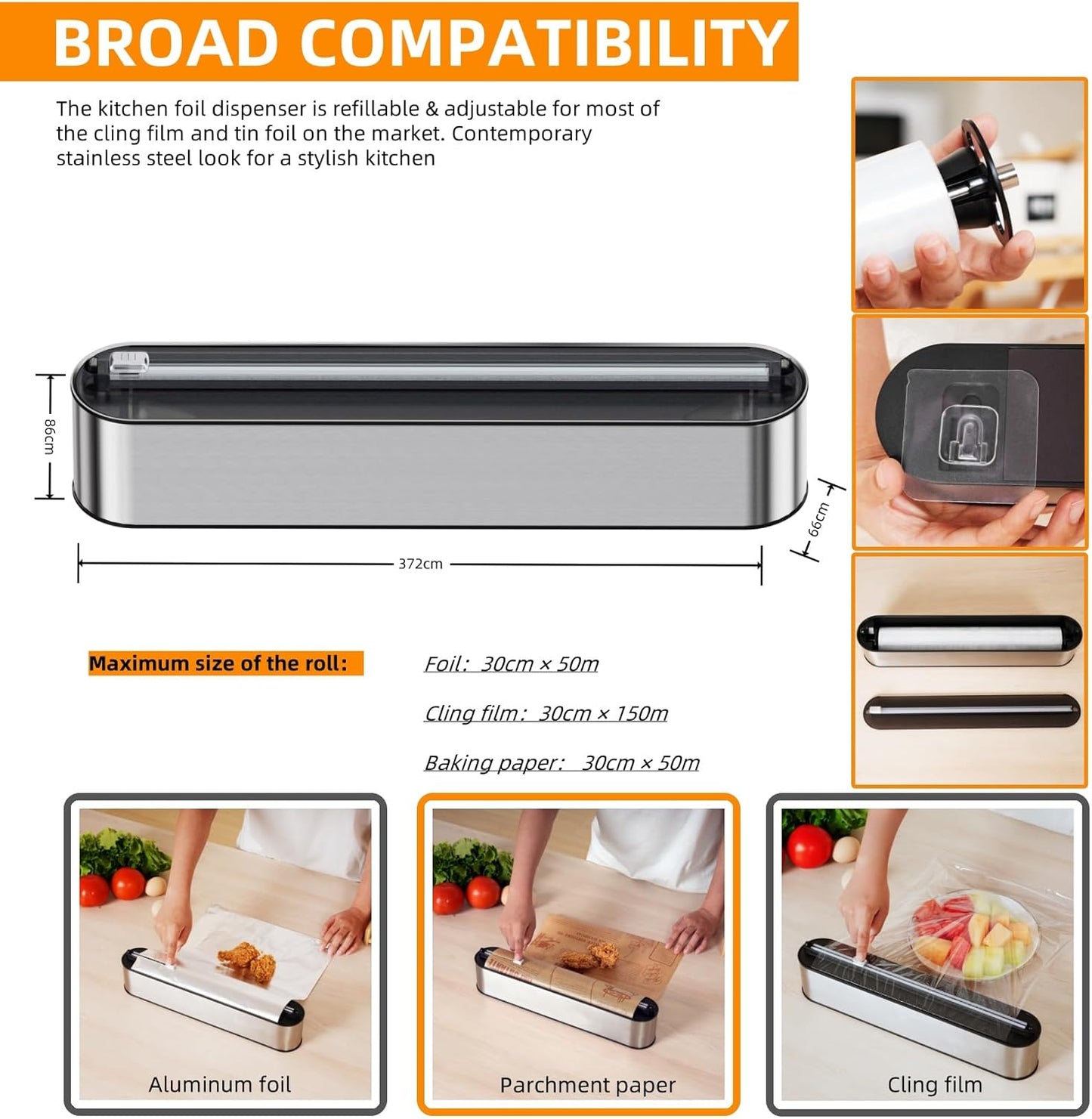 Aluminum Foil & Plastic Wrap Dispenser with Cutter - Magnetic & No-Drill Wall Mount, Stainless Steel Design, Space-Saving Kitchen Organizer for Worktops & Cabinets - Fits 12" Rolls, Silver