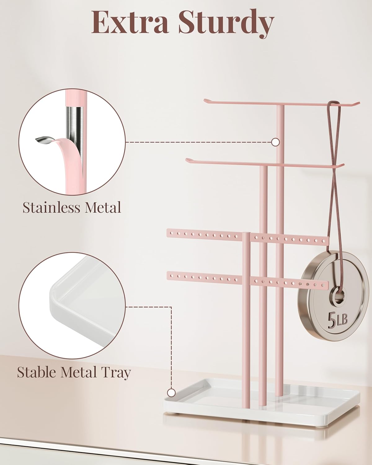 pickpiff Jewelry Stand Holder Organizer: 14.5" Sturdy Hanger for 80 Pcs Jewelry, Pink Jewlery Tower for Display Necklace, Earring, Bracelet, Watch