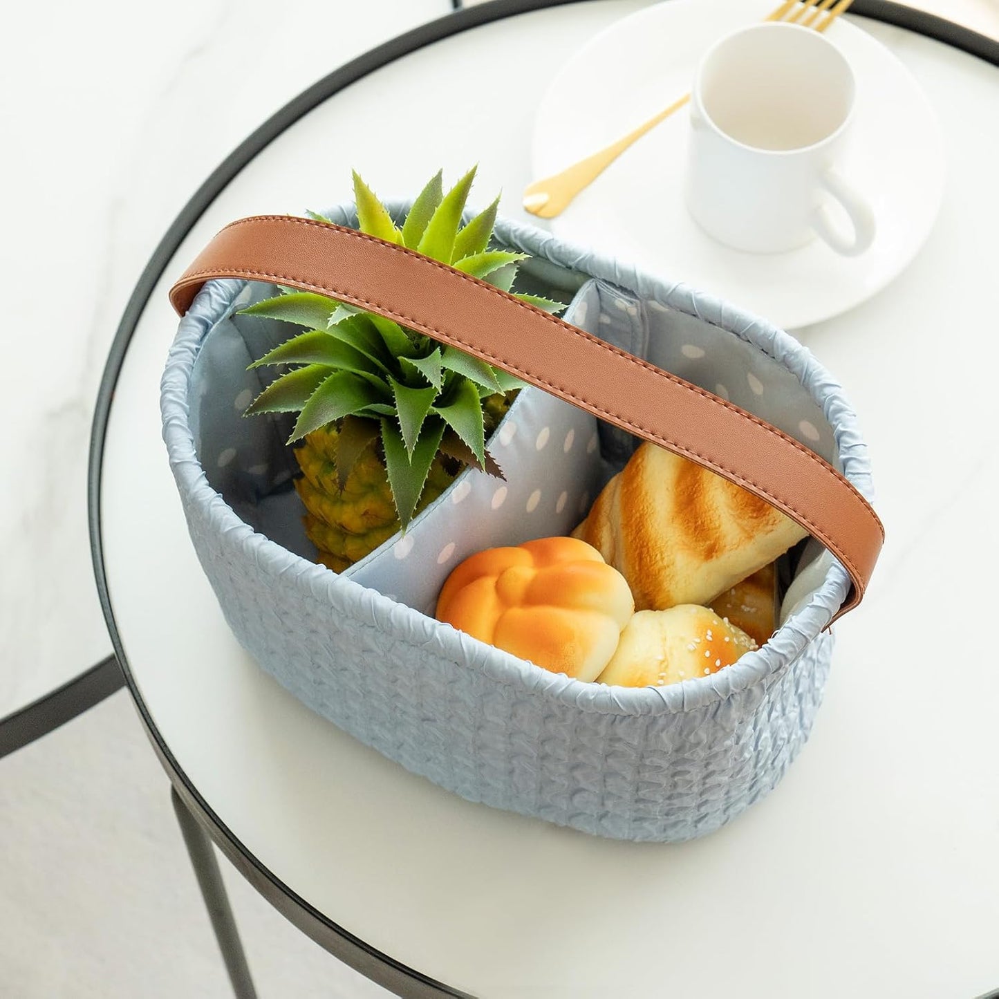 Blue Oval Double Compartment Pleated Fabric Basket - Quilted Fabric Storage Basket with PU Carrying Handle - Collapsible Organizer for Home, Picnic, Shopping, Traveling
