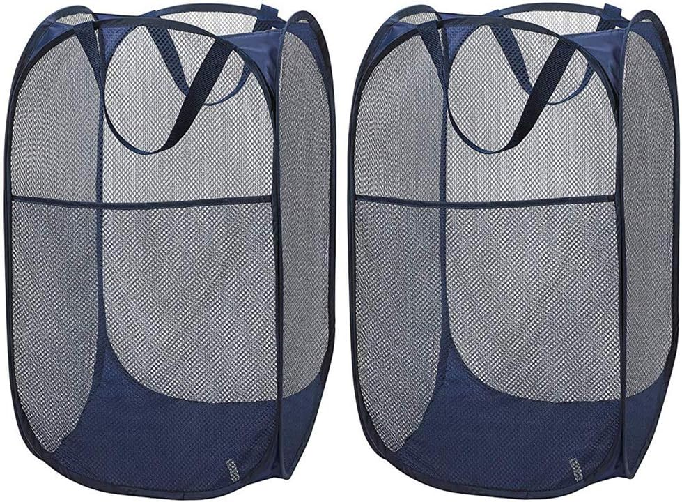 Larpur Popup Mesh Laundry Basket, Collapsible and Portable Clothes Washing Laundry Hamper with Reinforced Carry Handle (Blue*2)