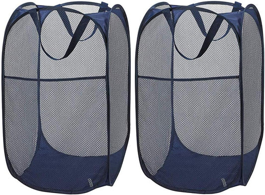 Larpur Popup Mesh Laundry Basket, Collapsible and Portable Clothes Washing Laundry Hamper with Reinforced Carry Handle (Blue*2)