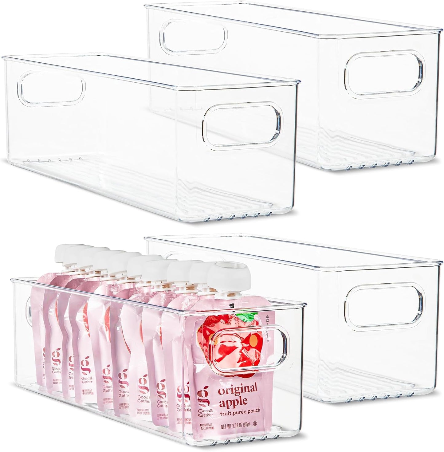 primebox Plastic Food Storage 4 Pack Clear Container Bin with Handles for Organizing Kitchen, Pantry, Refrigerator, Freezer, Pantry, Cabinet, Closet, Bathroom. 14”x4”x4”
