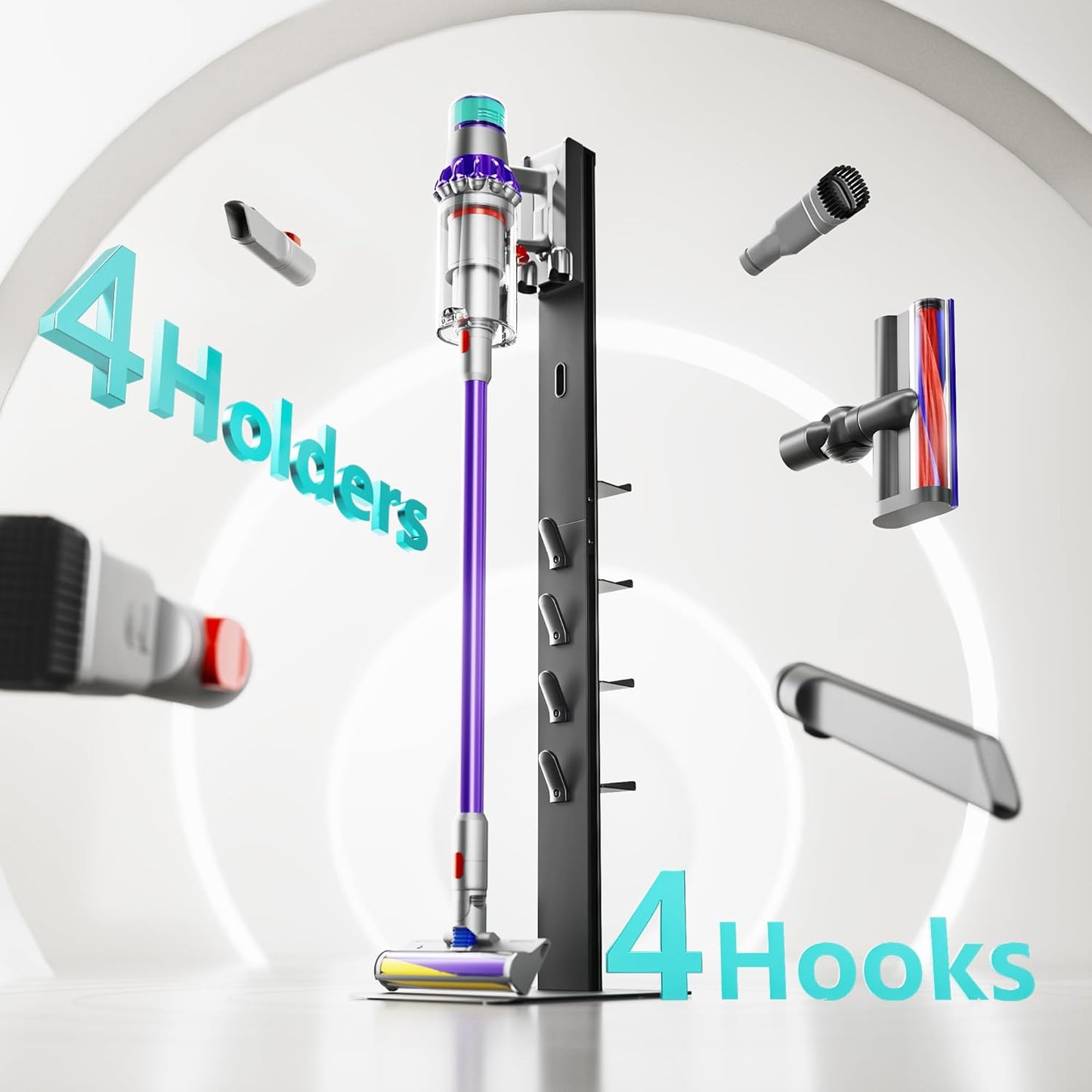 Vacuum Cleaner Stand, Compatible with Dyson Gen5 V15 V12 V11 V10 V8 V7 V6, Floor Cordless Vacuums Attachment Holder with 4 Hooks and 4 Shelves, Metal Storage Bracket Organizer, Black