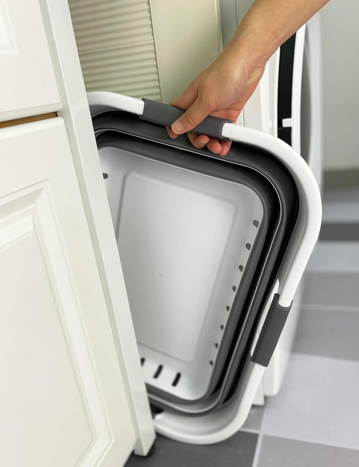 SAMMART Collapsible Plastic Rectangular Laundry Basket - Foldable Pop Up Storage Container/Organizer - Portable Laundry Hamper - Space Saving (White/Steel Grey, 30L)