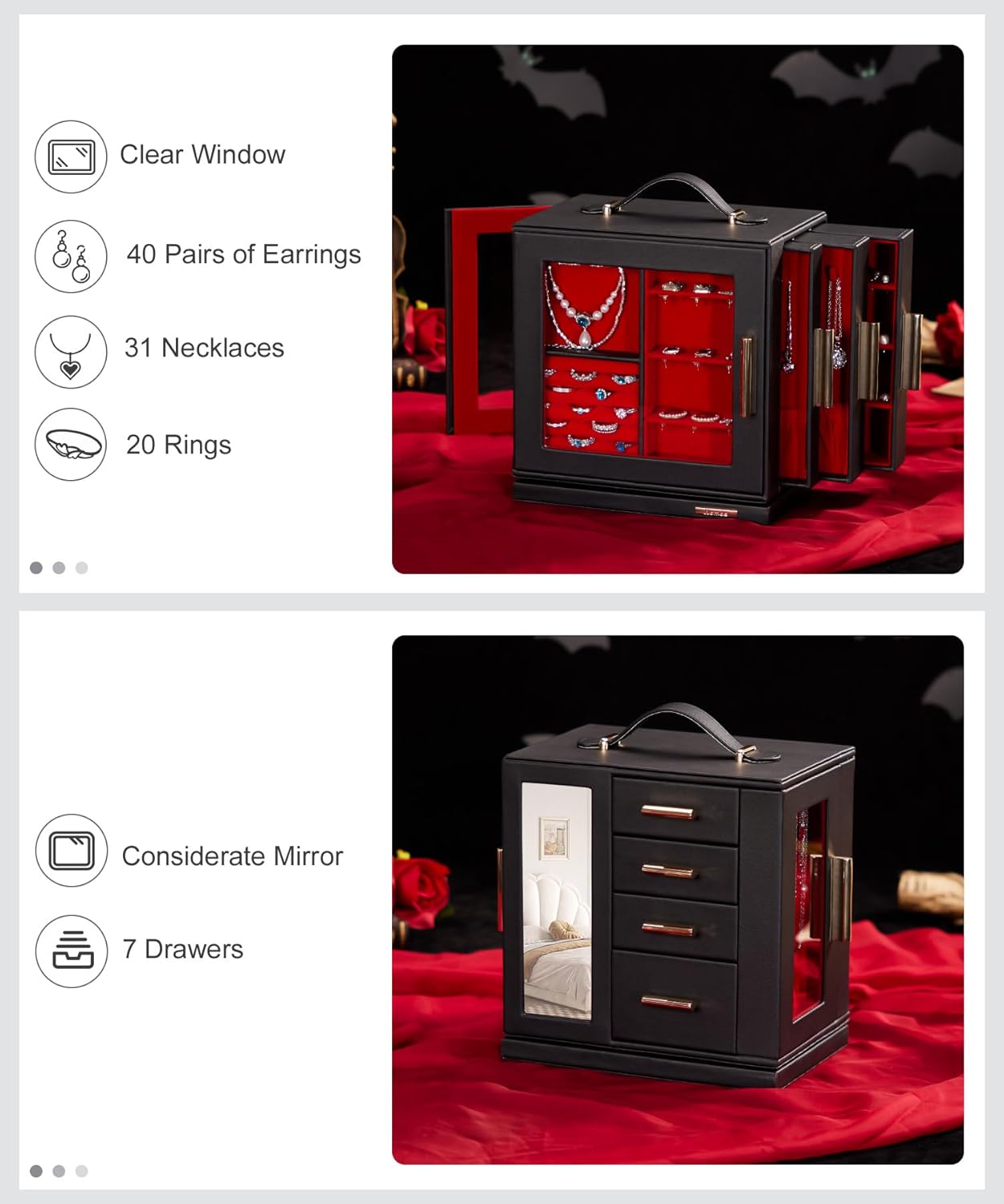 Homde Christmas Gifts Jewelry Box 360° Rotating, Necklace Earring Organizer with Transparent Window, Mirror, 7 Drawers, Large Ring Display Storage Case for Girls Women (Black + Red)