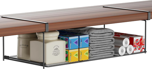 Foldable Metal Under Cabinet Organizer,Multi-Functional Hanging Storage Rack for Aluminum Foil,Plastic Wrap,Kitchen Wipes,Space-Saving,Tool-Free Install,Rust-Resistant,Ideal for Kitchen (Black)