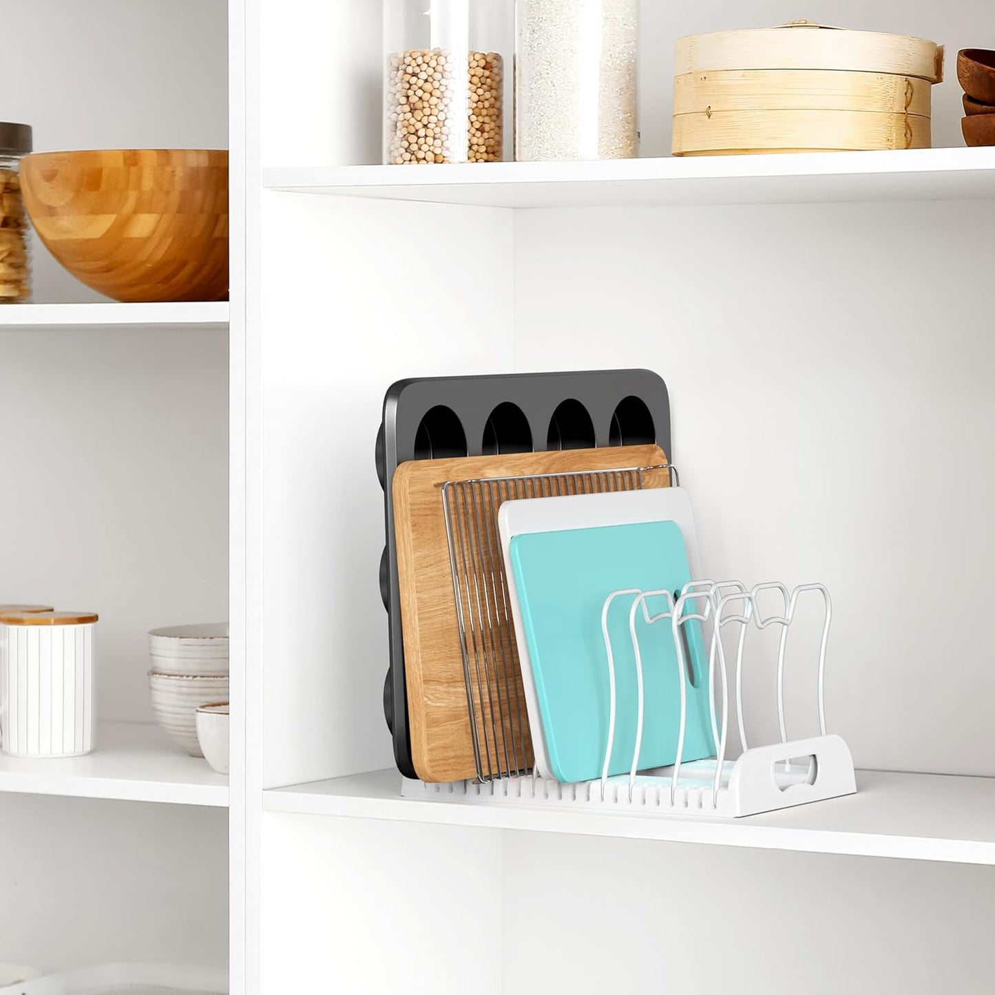 Simple Houseware 7 Compartments Adjustable Pan Organizer, White