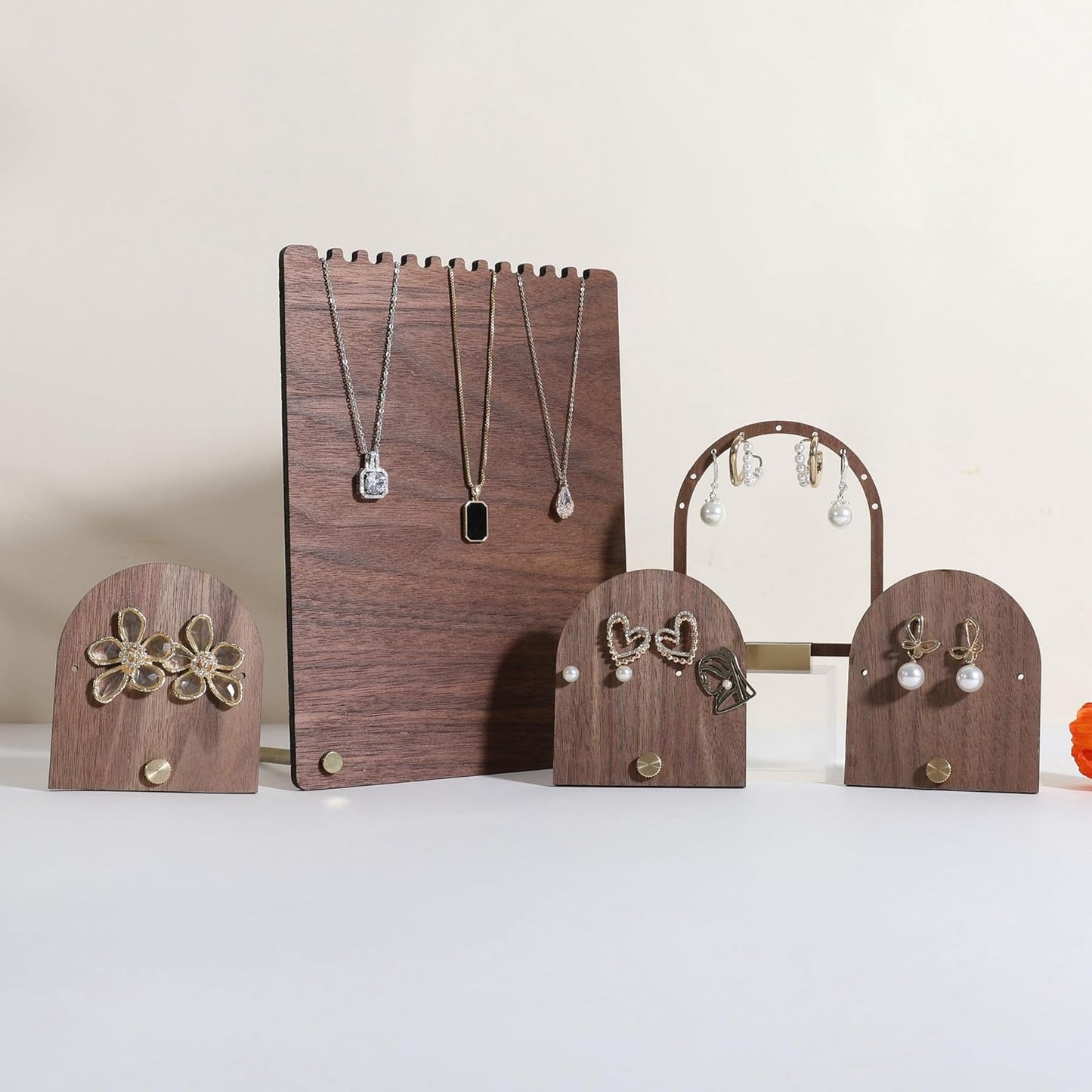 GemeShou 3pcs wooden jewelry earring organizer holder, walnut earring studs stand for boutique store, cute earring display for selling with 6 holes on each【Earring stand-Arch-3pcs】