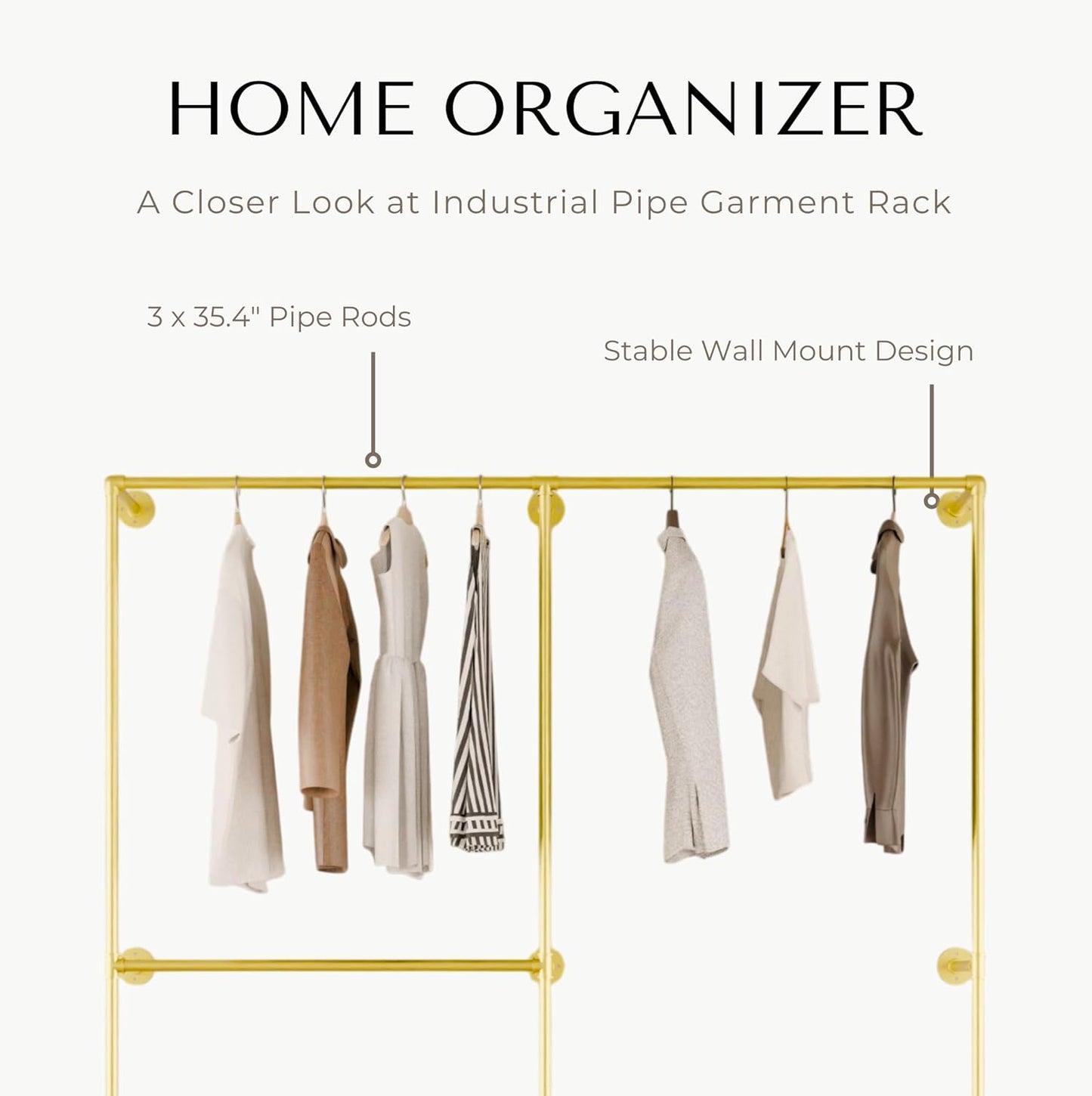 Industrial Pipe Clothing Rack, Heavy Duty Wall Mounted Clothes Rack,Retail Display Hanging Garment Rod for Laundry Rooms, Closet Storage, 14.6x75x82.7 Inches, Model K08 Gold