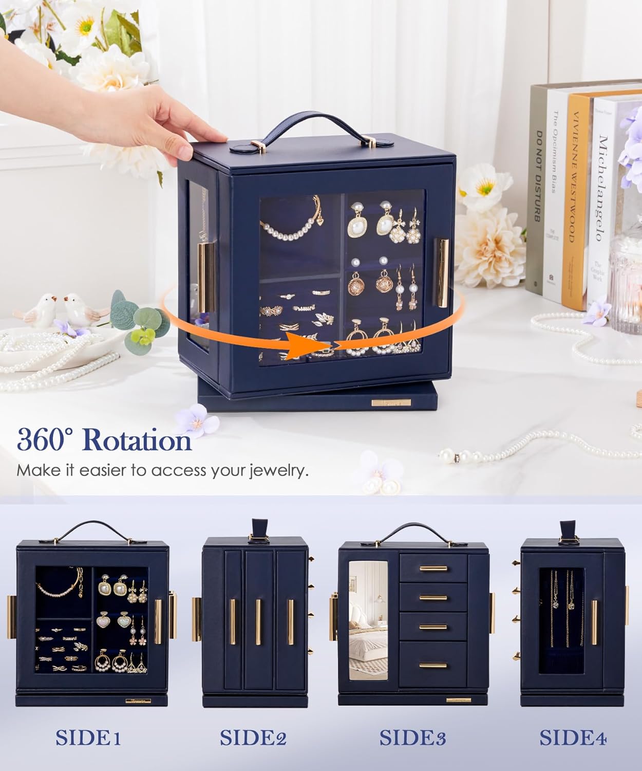 Homde Christmas Gifts Jewelry Box 360° Rotating, Necklace Earring Organizer with Transparent Window, Mirror, 7 Drawers, Large Ring Display Storage Case for Girls Women (Dark Blue)