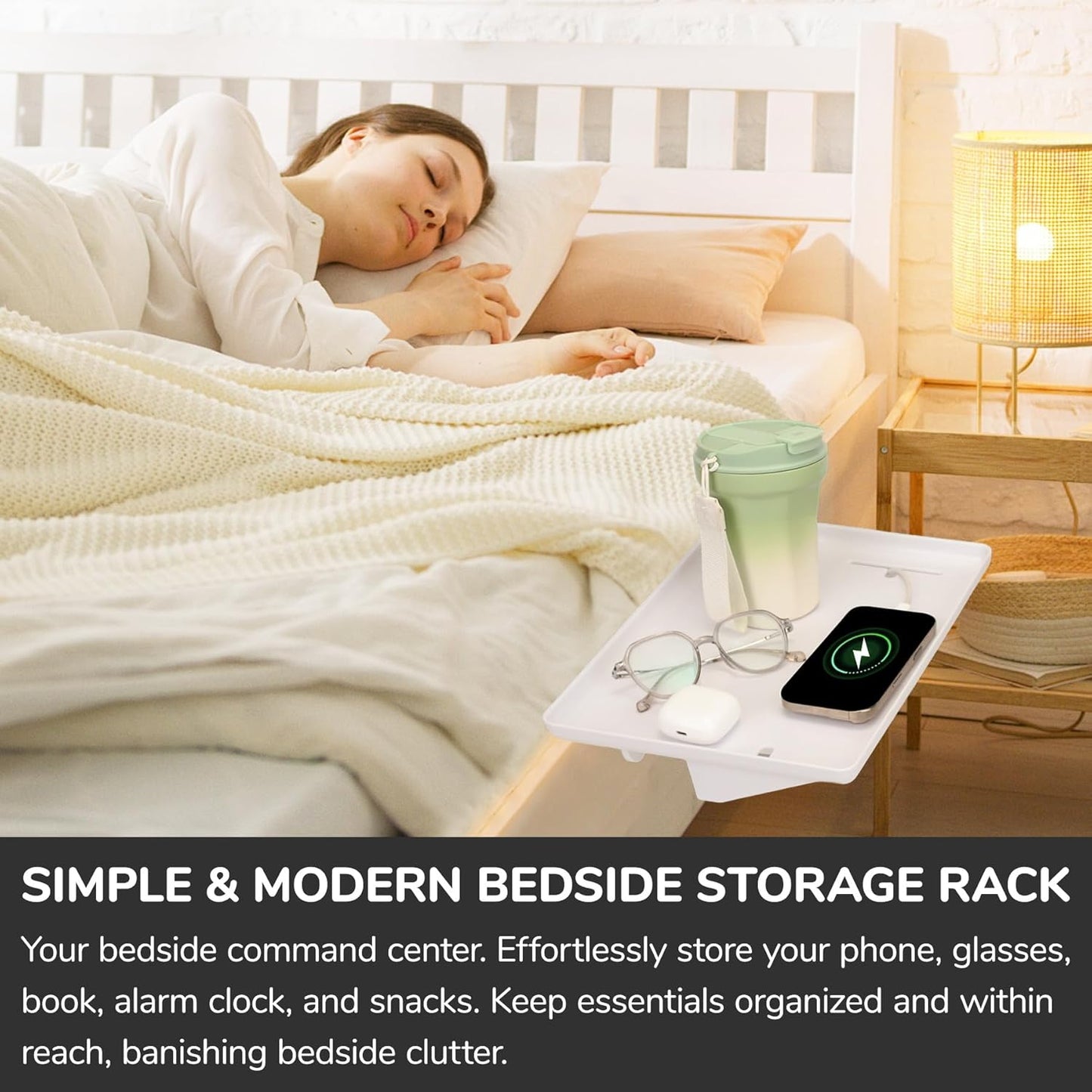 Bedside Shelf for Bunk Beds & Top Bunk, Clip On Nightstand with Cable Catch, White, 35lbs Capacity, College Dorm Room & Kids Room (White)