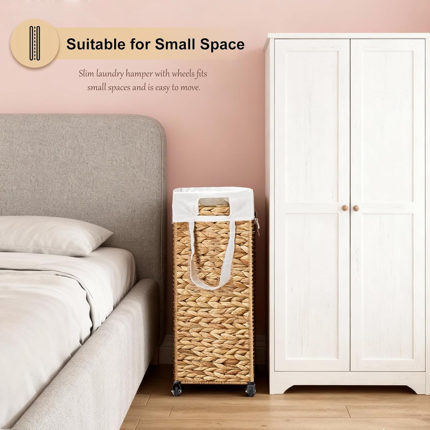 Rolling Laundry Hamper with Wheels, Slim Laundry Basket with Removable Liner Bag & 2 Mesh Bags, Handwoven Water Hyacinth Clothes Hamper for Bedroom Bathroom (Natural, 85L)