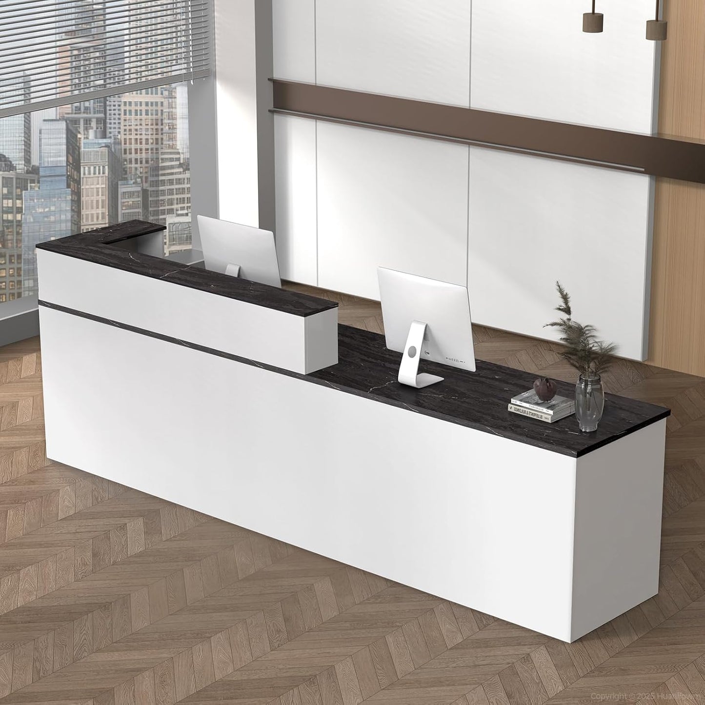 L Shape Reception Desk with Counter, Lockable Drawer, Keyboard Tray, and Double-Layer Storage for Salon, Office, or Clinic (White+Black/Right, 71" L*24" W*39" H)