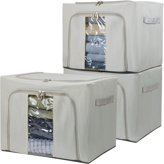 36L Clothes Storage Bins with Metal Frame, 3 Pcs Stackable Clothing Storage Boxes Containers with Lids, Foldable Oxford Fabric Clothes Organizer Bags Closet Organizers Organizing Bin for Sheet