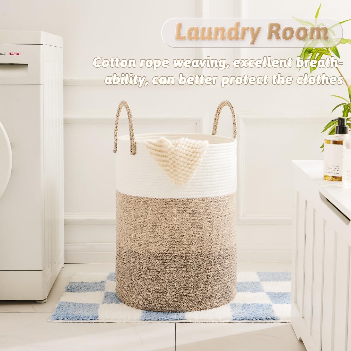 Laundry Basket,Woven Cotton Rope Laundry Hamper,60L for Decorative Storage of Dirty Clothes,Toys and Blankets in Bathroom,Bedroom and Living Room