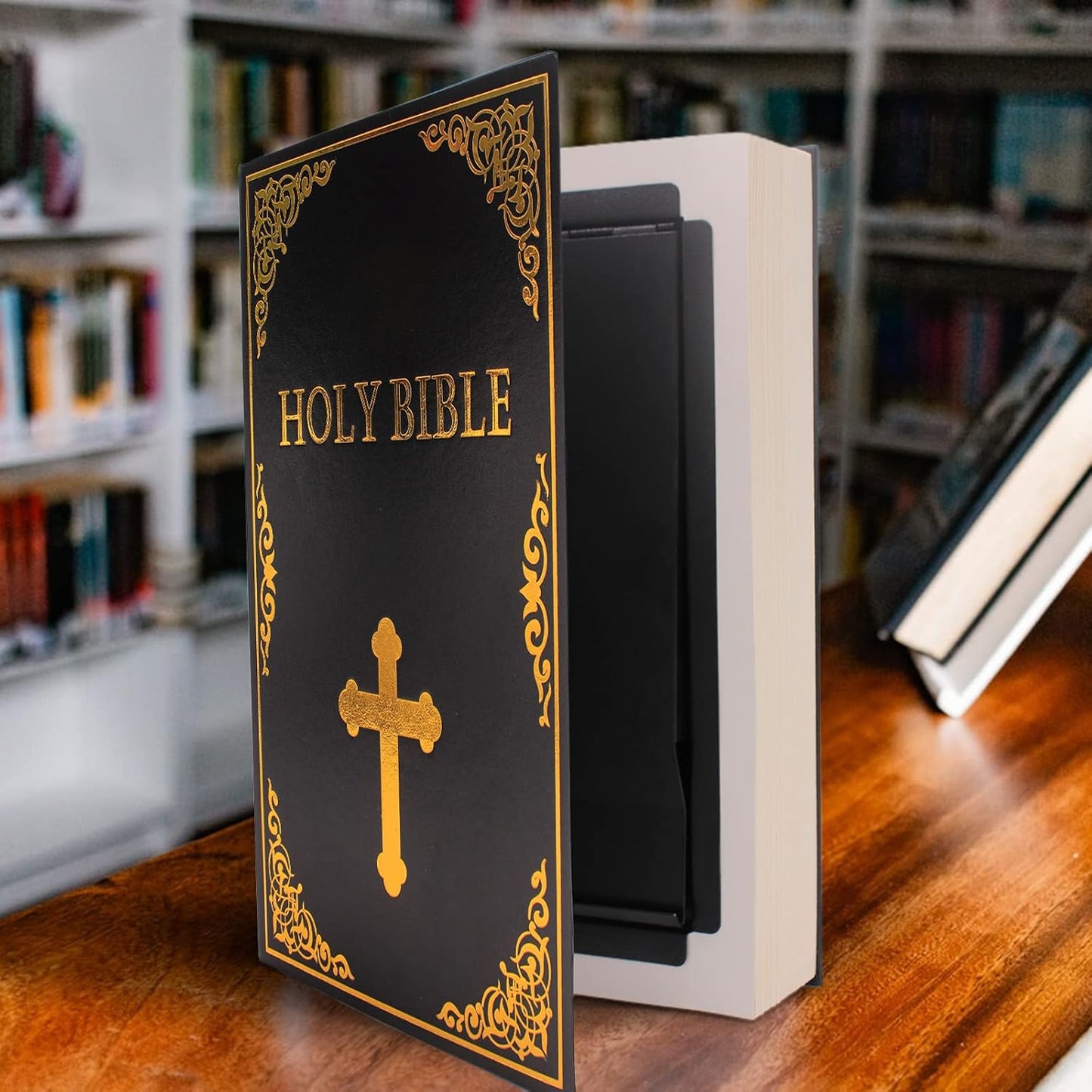 Leather Book Safe (Size 8.7"×6"×2") Real Paper Secret for Jewelry, Money and Cash, Diversion Book Safe,Hollow with Hidden,Key Lock (M, Bible-Key)