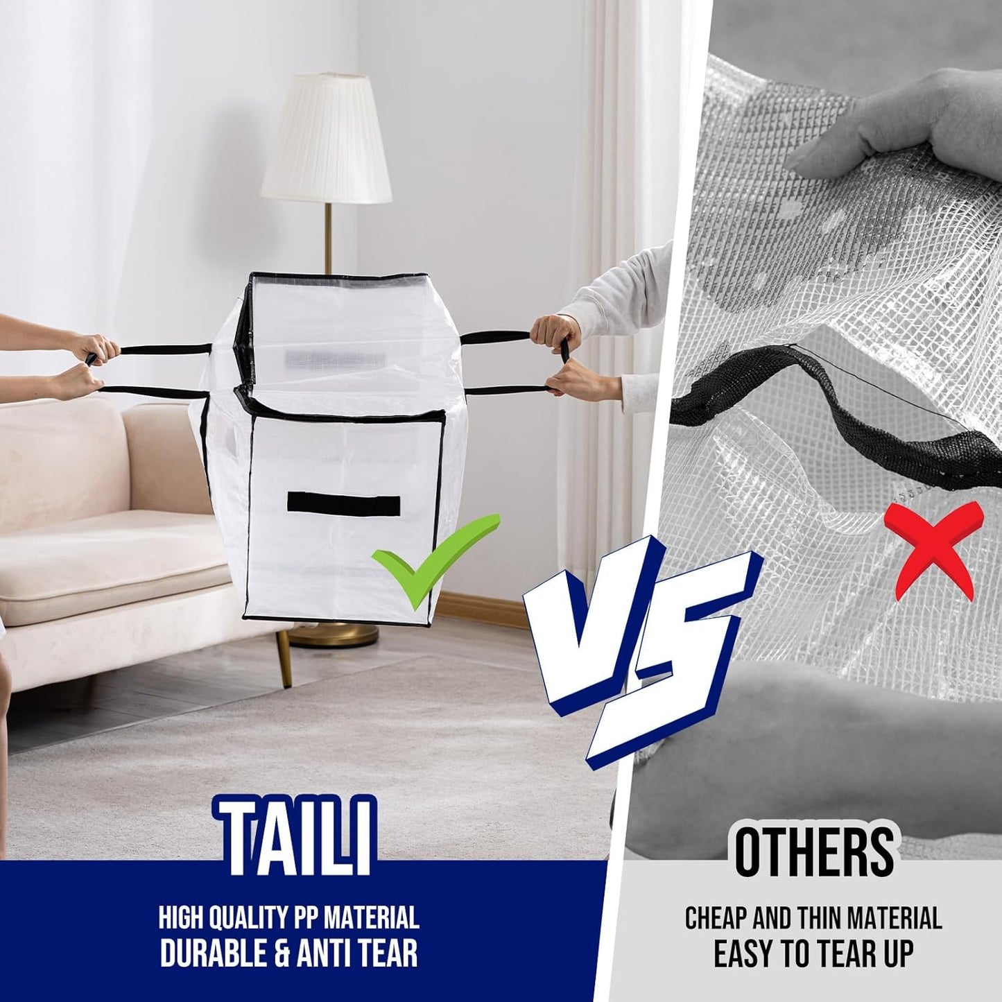 TAILI Extra Large Moving Bags, 10 Pack Clear Heavy Duty Totes for Storage with Visible Window, Wrap Around Handles, Storage Bags for Space Saving, Alternative to Moving Boxes