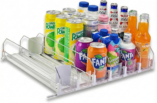 Soda Can Organizer with Automatic Can Pusher | Refrigerator Drink Organizer | Beverage Dispenser for Soda, Cans and Bottles | Space-Saving | Stainless Steel | Adjustable Sizes | 6 Rows