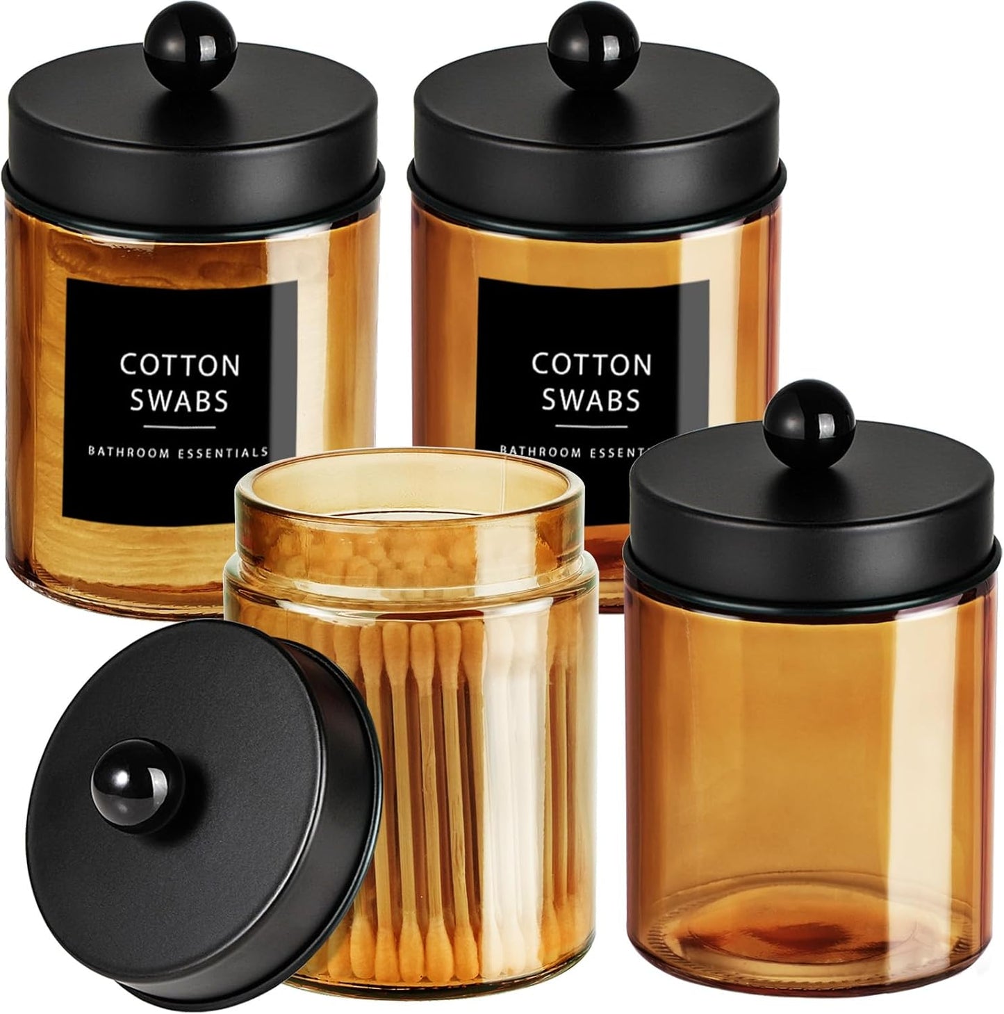 Amolliar Bronze Glass Apothecary Jar, Qtip Holder Metal Lid & Stickers, Bathroom Qtip Dispenser Storage Canister, Perfect for Cotton Balls, Cotton Swabs, Makeup Pads, Bath Salt, Floss, 4 Pack (Black)