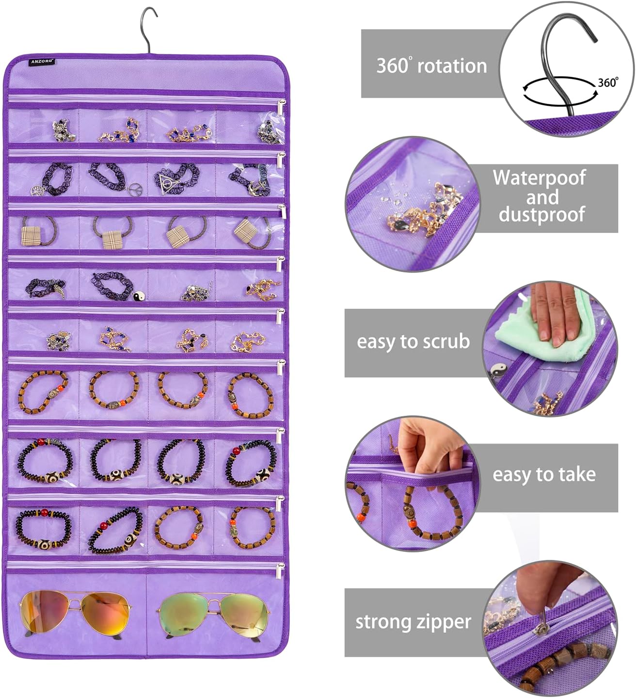 Dual-sided Hanging Jewelry Organizer Necklace Holder Jewelries Storage with 34 Zippered Pockets and 14 Dustproof Hook Loops (PURPLE)