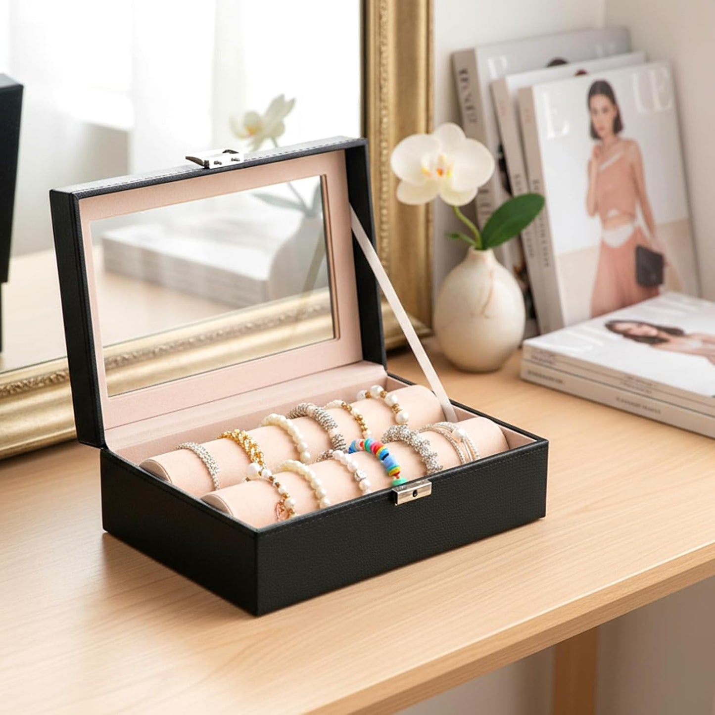 Bracelet Display Holder with Rods for Bangles Watches, Clear Lid Jewelry Organizer Box Storage Case for Women Girls -Black