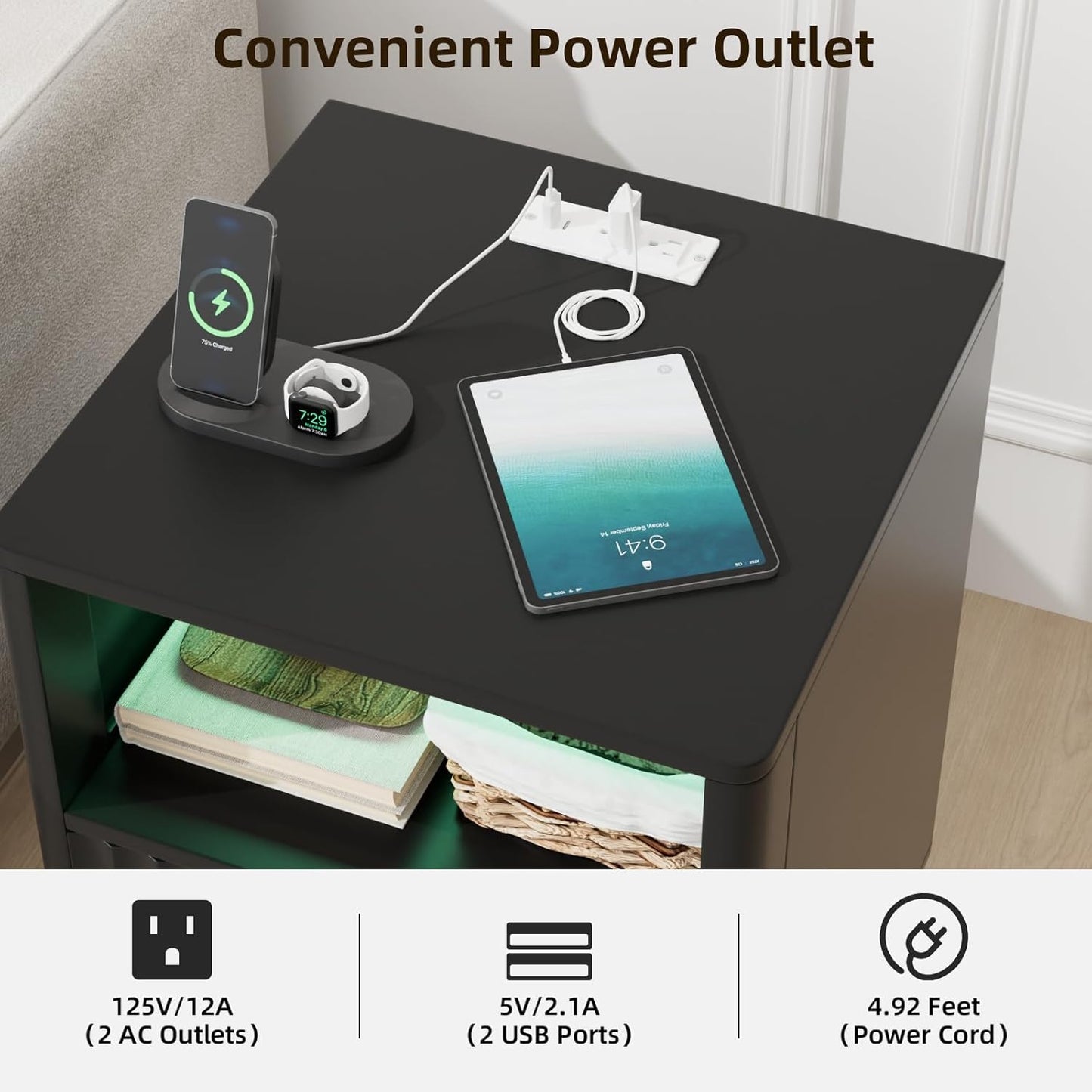 VOWNER Fluted Nightstand with Charging Station, 18” RGB Night Stand with 2 Drawers, End Table with Storage Shelf, Curved Profile Design Side Table, Bedside Table for Bedroom Living Room, Black