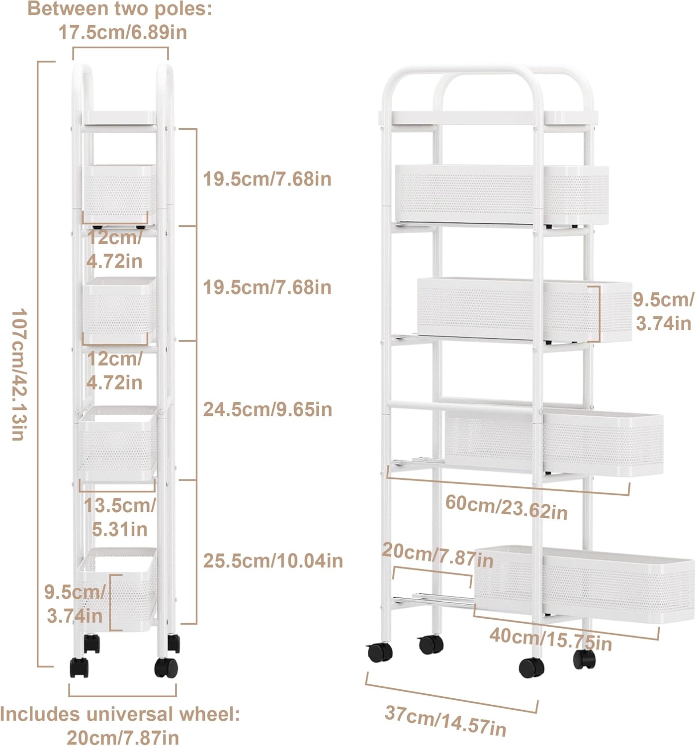 UMDONX Slim Storage Cart 5 Tier with Pull Out Basket Bathroom Organizer Rolling cart, Rolling Utility Cart Slide Out Organizer for Kitchen, Bathroom, Laundry White