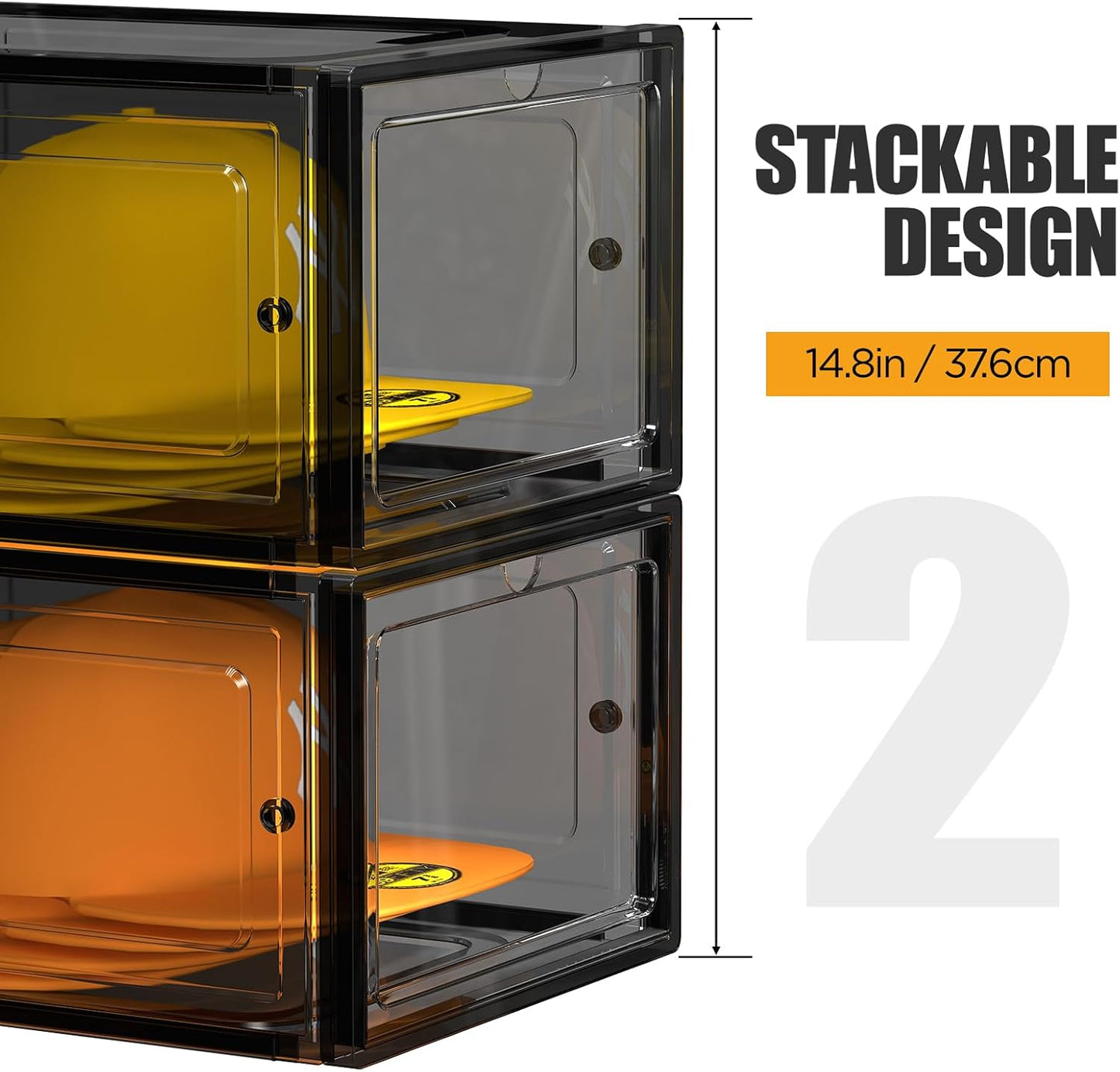 Hat Organizer Box, Stackable Clear Baseball Caps Holder Box Containers with Magnetic Door for Hats Snapback Cap Storag, Hat Rack Display Case, Holds 8 Hats Each (Black, 2 Pack)