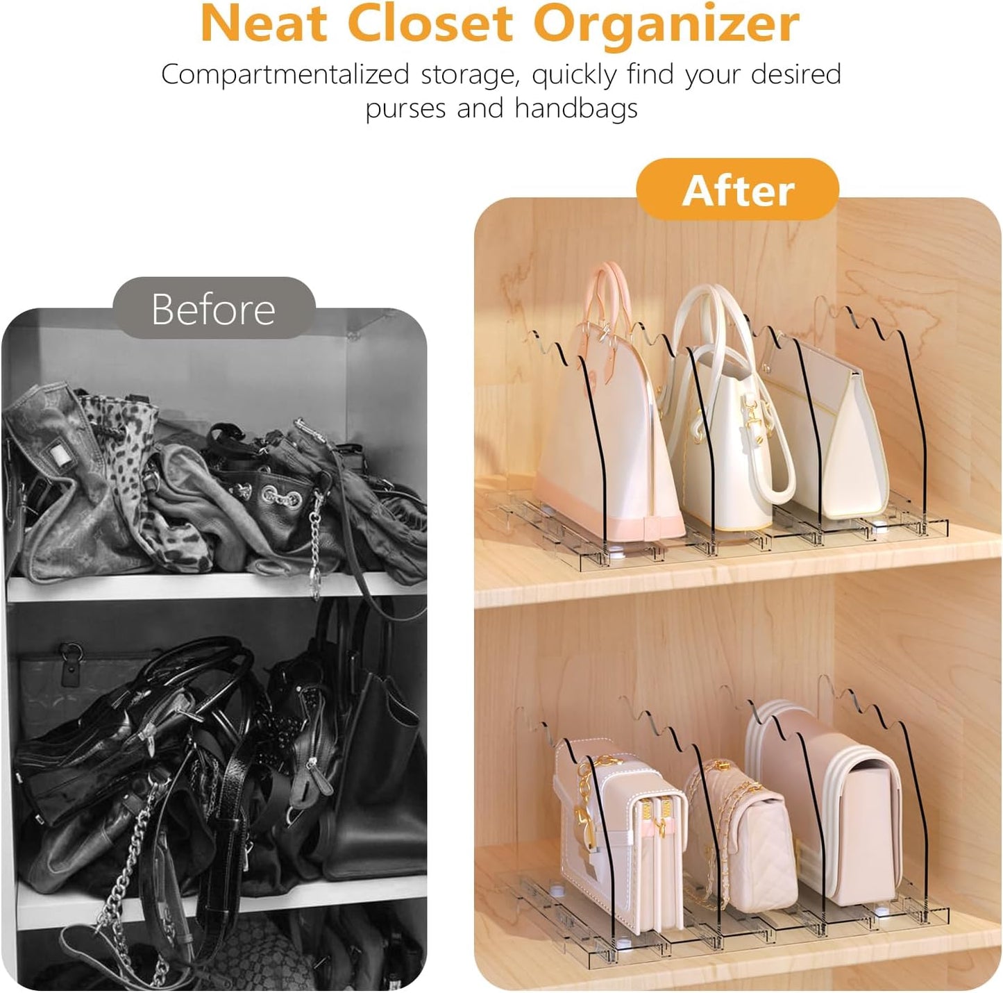 Ronlap Purse Storage Organizer for Closet, Clear Closet Bag Storage Dividers Rack Shelf Purse Dividers for Closet Organization Handbag Separators Closet Purse Organizers and Storage, 4 Pack, Clear