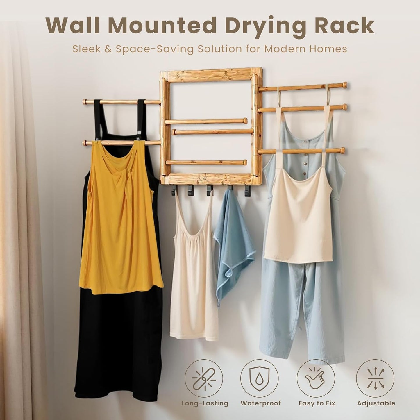 Bamboo Wall Mount Drying Rack for Laundry – Collapsible Foldable Clothes Dryer with 8 Arms & 5 Hooks, Space-Saving Laundry Hanger Dryer Rack, 20 Inch, 80 lb Capacity (Natural)