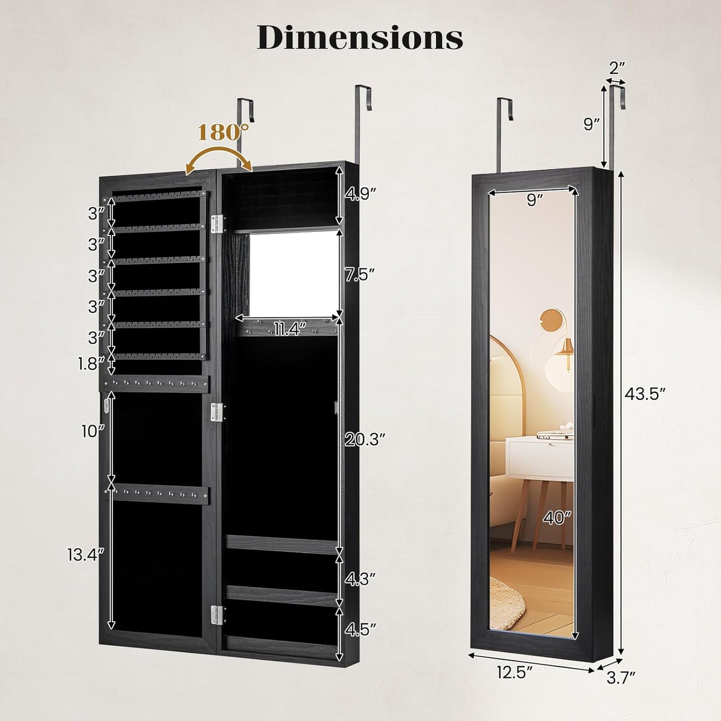 Giantex Wall Mounted Jewelry Cabinet with Full Length Mirror, Over The Door Jewelry Armoire Organizer with Large Storage, Makeup Mirror & Velvet Lining (Black)