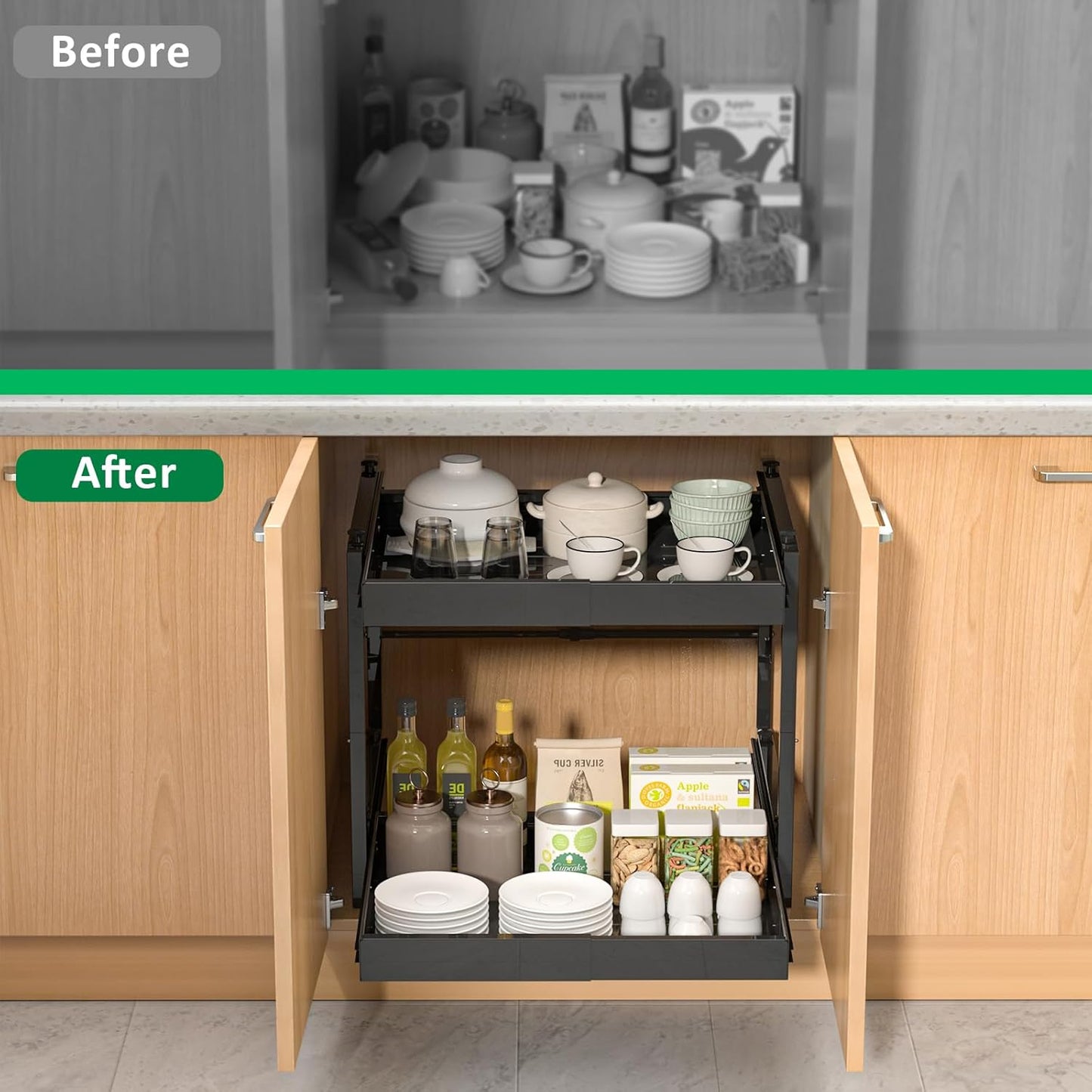 REALINN 2 Tier Pull Out Cabinet Organizer, 21 inch Depth Slide Out Shelves, Expandable 14"-22.5" Wide Heavy-Duty Cabinet Drawers for Kitchen Pots, Pans & Pantry Storage, Black