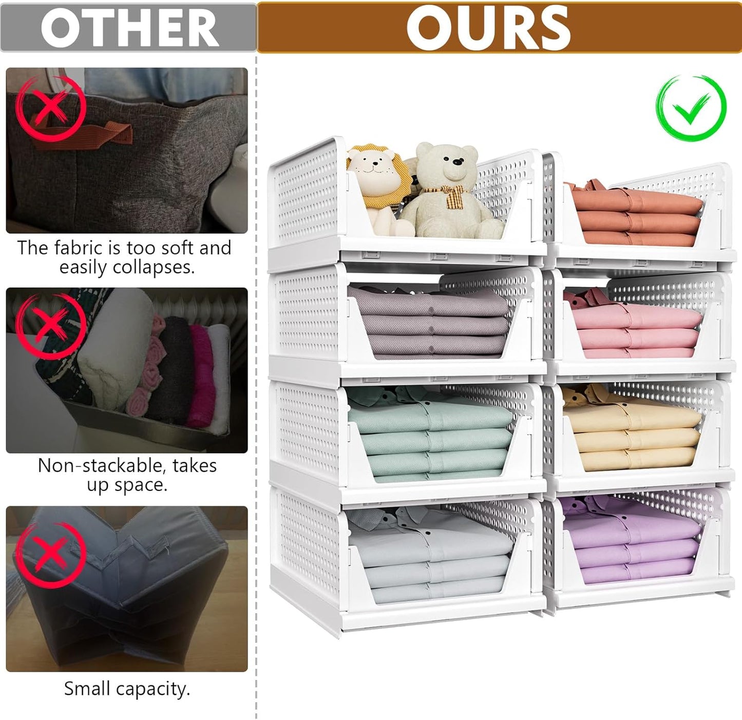 SNSLXH 8 Pack Stackable Closet Storage Bins, Multifunctional & Foldable Closet Organizers and Storage for Bathroom Kitchen Laundry Room Drawer Shelf Storage, Space-Saving Wardrobe Organizer, White