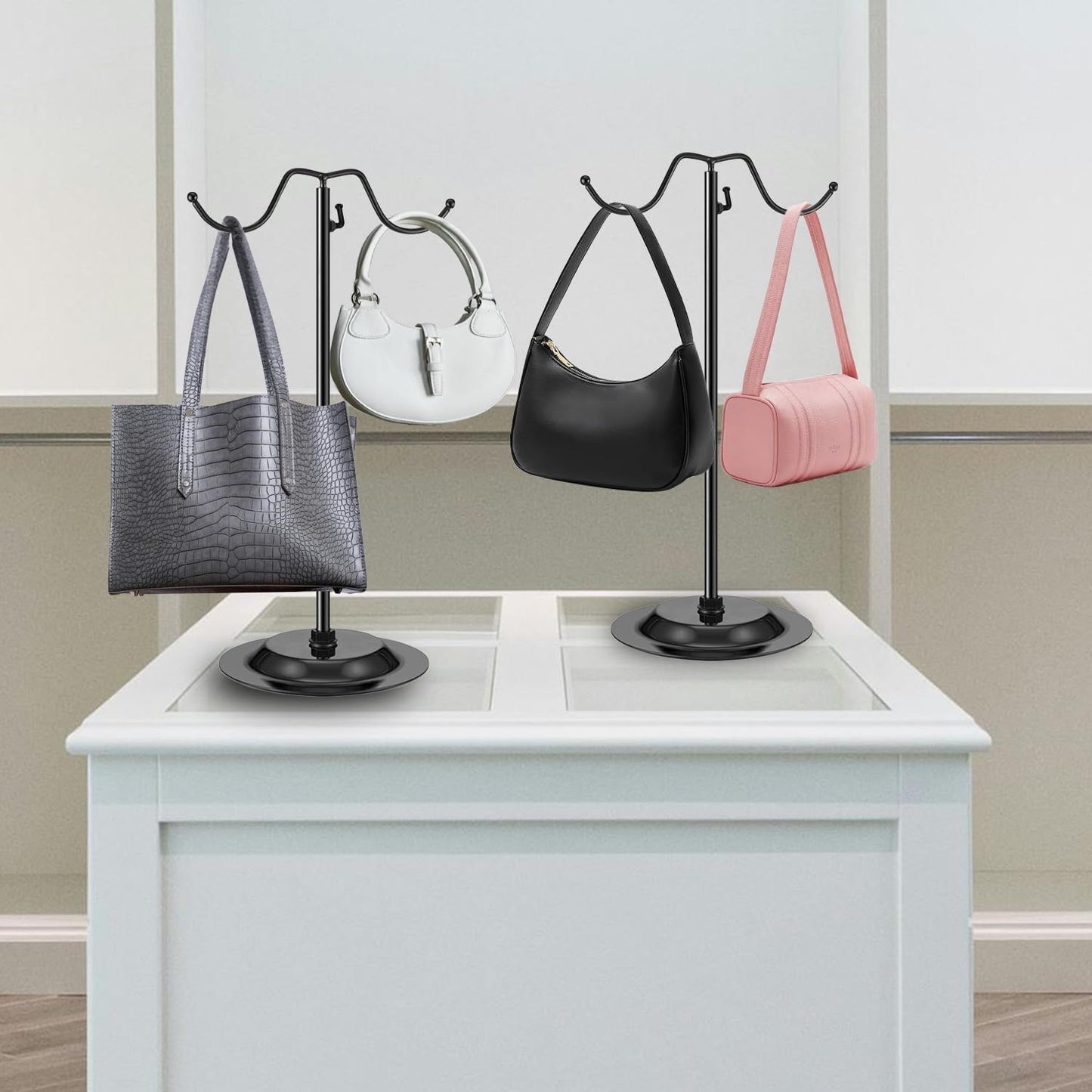 4 Pcs Purse Display Stand Adjustable Height Handbag Display Stand Metal Handbag Stand Holder Double Hook Purse Holder Stand for Home Store Boutique Counter, Black