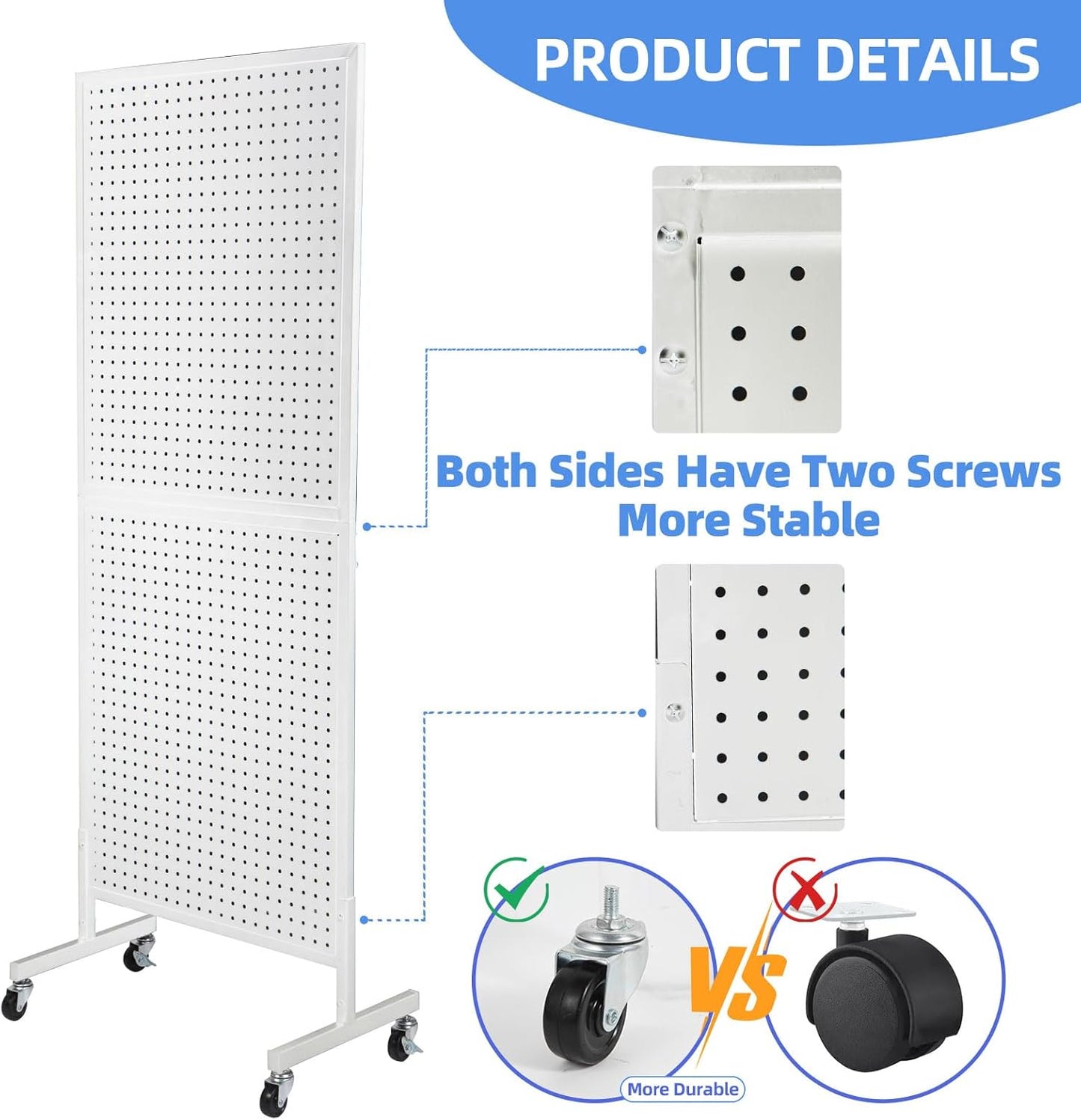 2'x 5' Standing Pegboard Display with T-Base, Pegboard Display Stand with Wheels, Metal Peg Board Display Rack, Art Display Stand, Extra 10 Pieces Hooks - White