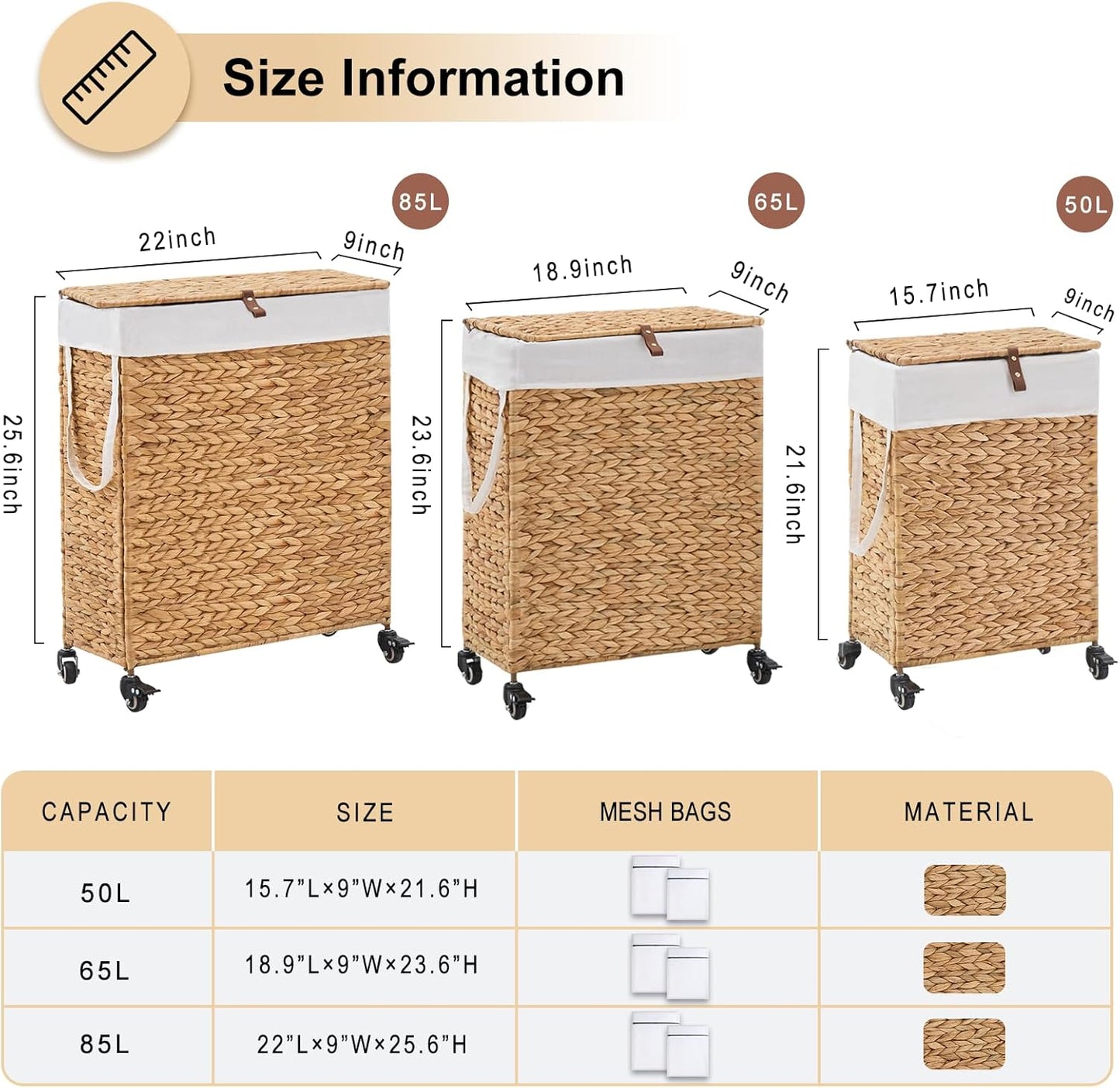 Rolling Laundry Hamper with Lid and Wheels, Slim Laundry Basket with Removable Liner Bag & 2 Mesh Bags, Handwoven Water Hyacinth Clothes Hamper for Bedroom Bathroom (Natural, 85L)