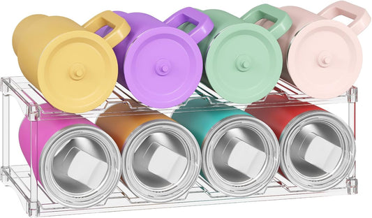 Lifewit Stackable Water Bottle Storage Organizer, Clear Tumbler Cup Mug Organizer, Plastic Large Compartment Wine Rack for Fridge Cellar Kitchen Pantry Storage, 2Tier Hold 8