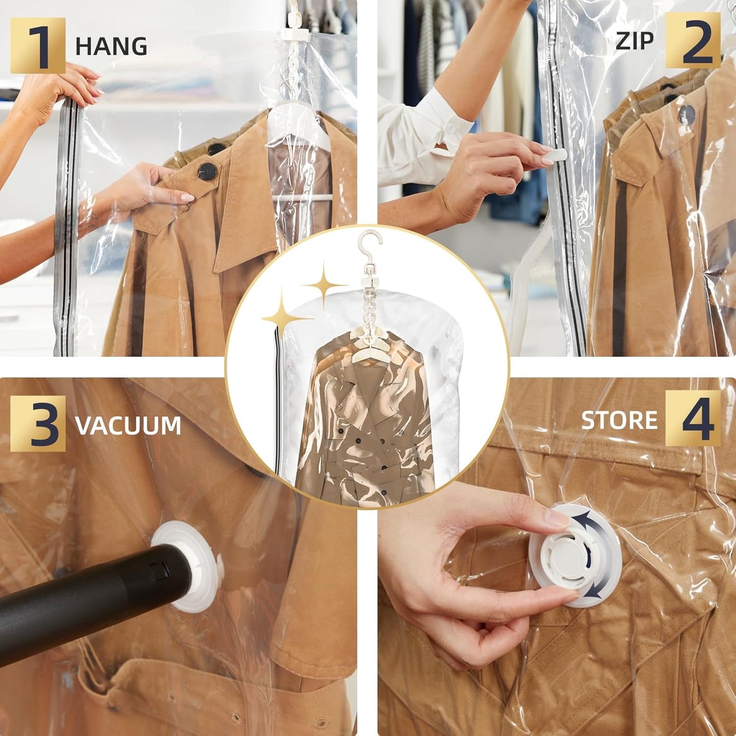 TAILI Hanging Vacuum Storage Bags, Space Saver Bags for Clothes, Coats, Suits and Jackets, Clear, 6 Pack Short, 31 x 15 x 40 inches