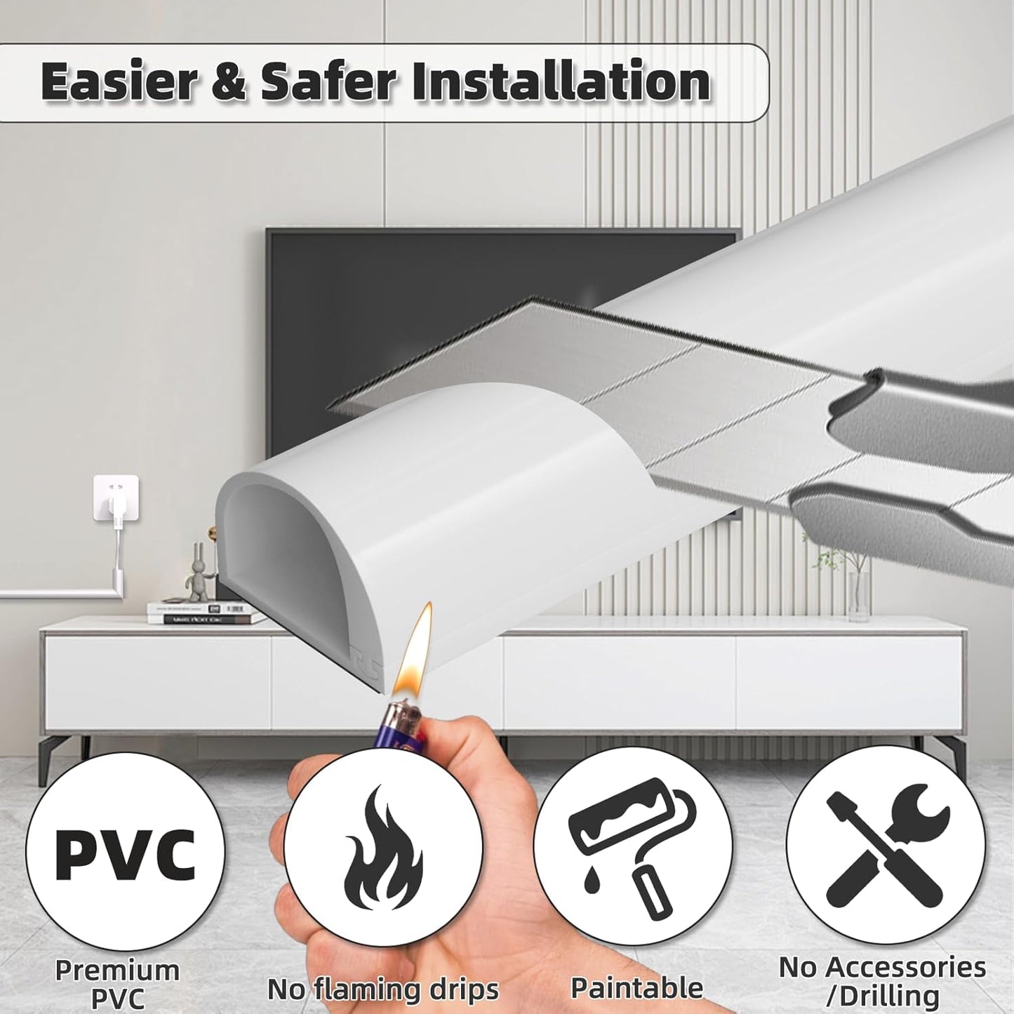 118" Side Buckle Cable Hider for 1 Cords,Extension Cord Covers for Wires On Wall,Adhesive Cord Hider for Wall Mount Tv, Wire Channel for Cable Concealer,Cable Raceway Home & Office,White
