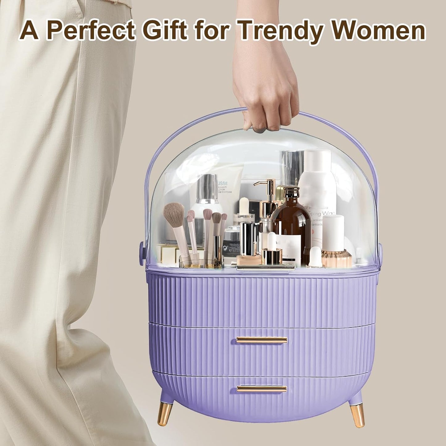 Makeup Organizer for Vanity, Make up Organizers and Storage, Cosmetics Skincare Organizers with Lid and Drawers, Cosmetic Display Cases for Countertop, Bathroom, Dresser, Ideal Gifts for Women(Purple)