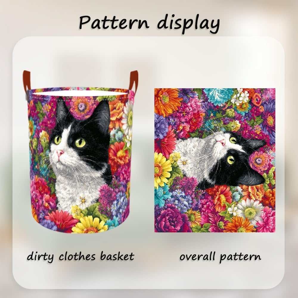 Laundry Baskets 15.7x19.7 Inch Large Cat Floral Garden Design Collapsible Laundry Hamper with Handles Oxford Fabric Clothes Storage Bin Foldable Dirty Clothes Organizer for Bedroom Bathroom Dorm