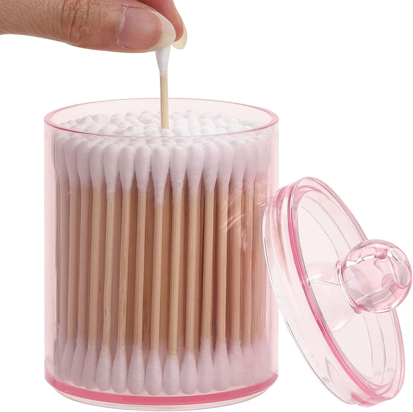 Tbestmax 4 pcs Qtips Holder Bathroom Container, 10 OZ Apothecary Jar, Pink Cotton Ball/Swabs Dispenser Organizer for Storage